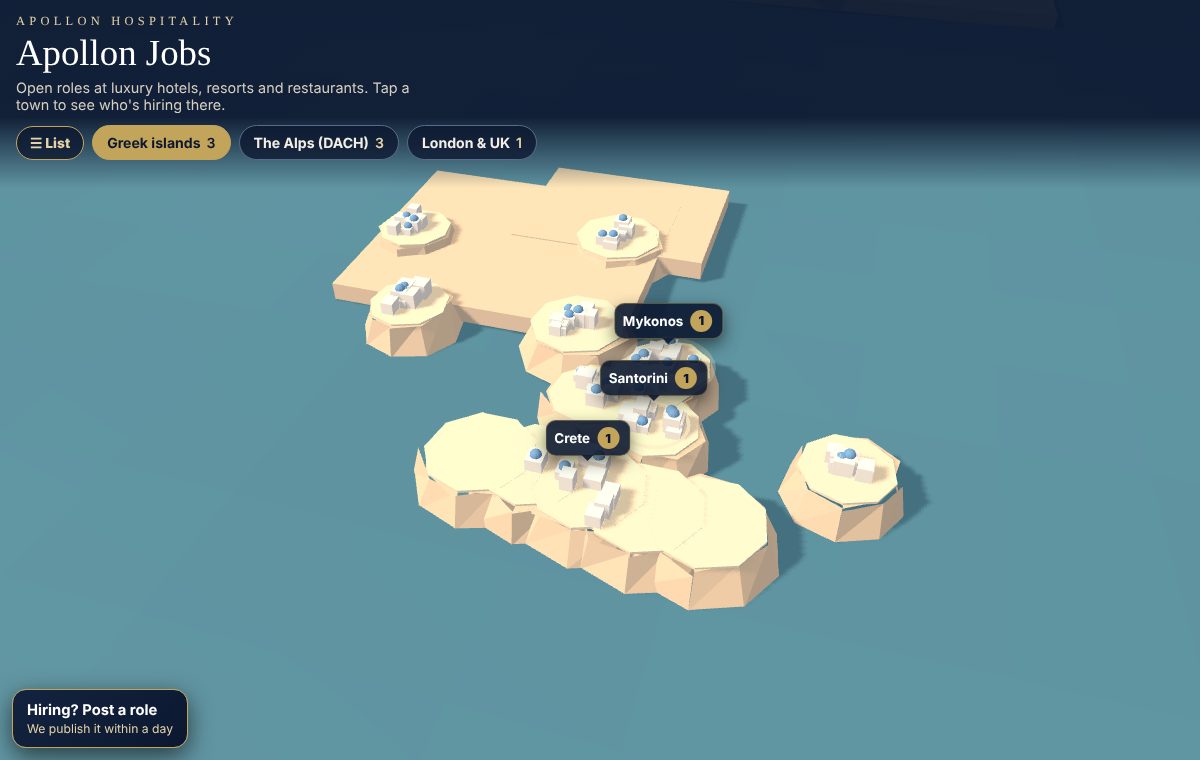 The Apollon Jobs map: Greek islands in 3D with open roles marked on Santorini, Mykonos and Crete